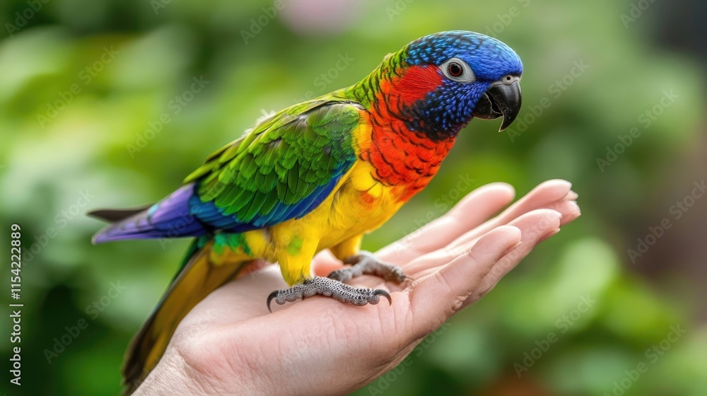 Colorful Parrot Sitting on Hand in Natural Green Environment Colorful Parrot Sitting on Hand in Natural Green Environment