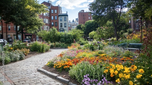 Vibrant Urban Garden Pathway Surrounded by Colorful Flowers