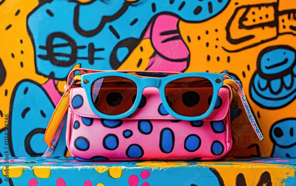 A stylish handbag with colorful dots sits atop a table, paired with bright sunglasses. The backdrop features bold, playful graffiti art in striking colors, creating a lively atmosphere A stylish handbag with colorful dots sits atop a table, paired with bright sunglasses. The backdrop features bold, playful graffiti art in striking colors, creating a lively atmosphere