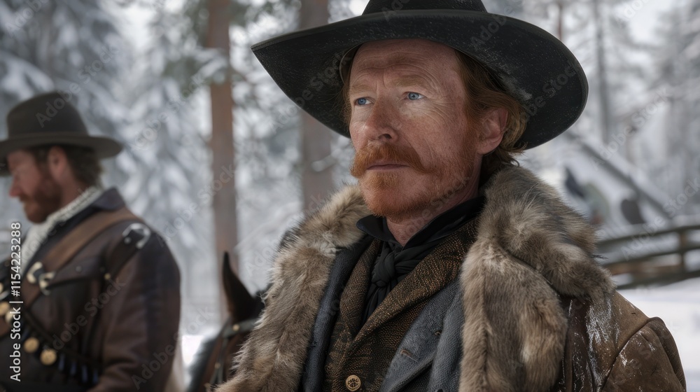 Obraz premium Man in fur coat and hat in snowy landscape.