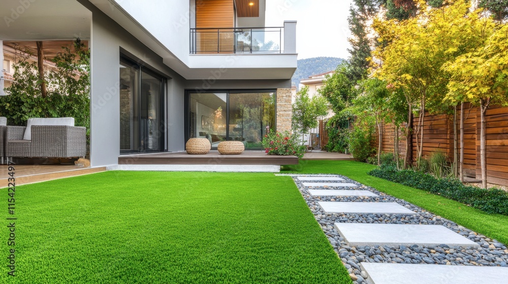 Modern Outdoor Area with Green Grass and Stylish Patio Furniture Modern Outdoor Area with Green Grass and Stylish Patio Furniture