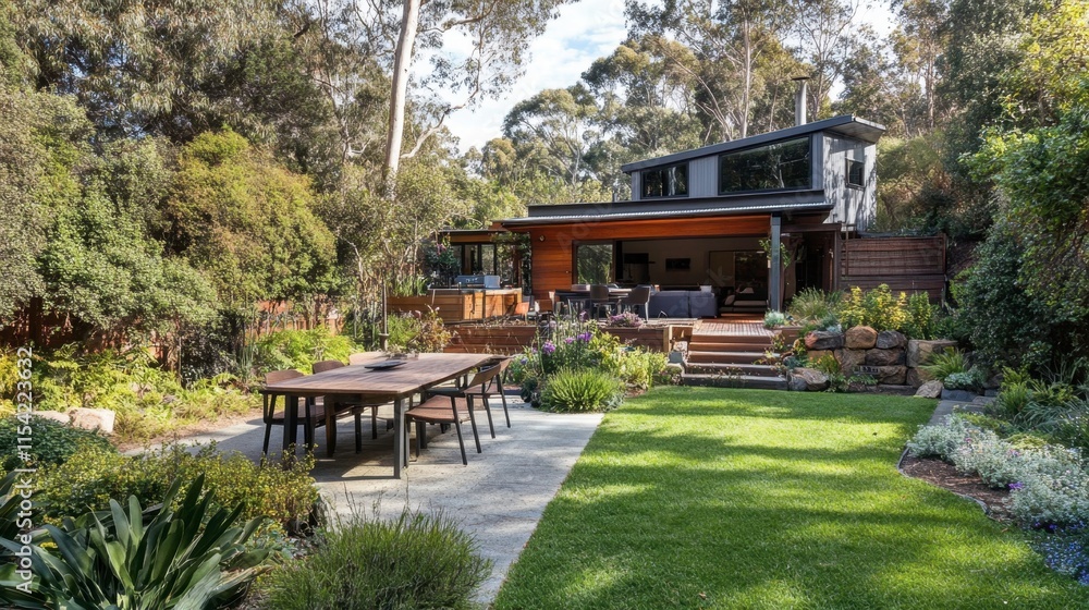 Modern House Surrounded by Lush Garden in a Serene Natural Setting Modern House Surrounded by Lush Garden in a Serene Natural Setting