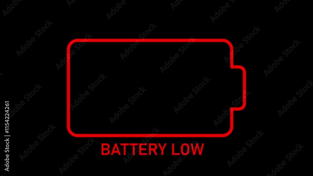 Low Battery Power Indicator Animation on Black Background Energy Warning and Device Status Design. Low Battery Power Indicator Animation on Black Background Energy Warning and Device Status Design.