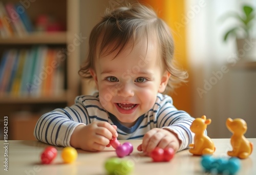 A happy baby plays with colorful toys on a wooden table