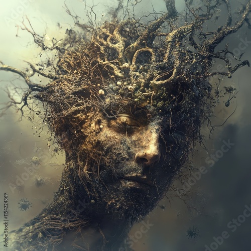 A haunting depiction of a human face enmeshed with tree roots, organic elements, and earthy textures, evoking themes of nature, decay, and rebirth. AI generated. photo