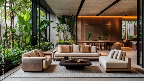 Modern Living Room with Lush Greenery and Elegant Interior Design