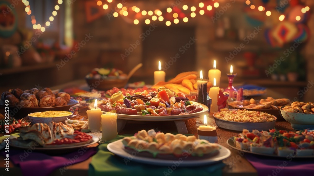 Festive Dining Table Filled with Delicious Food and Warm Ambiance Festive Dining Table Filled with Delicious Food and Warm Ambiance