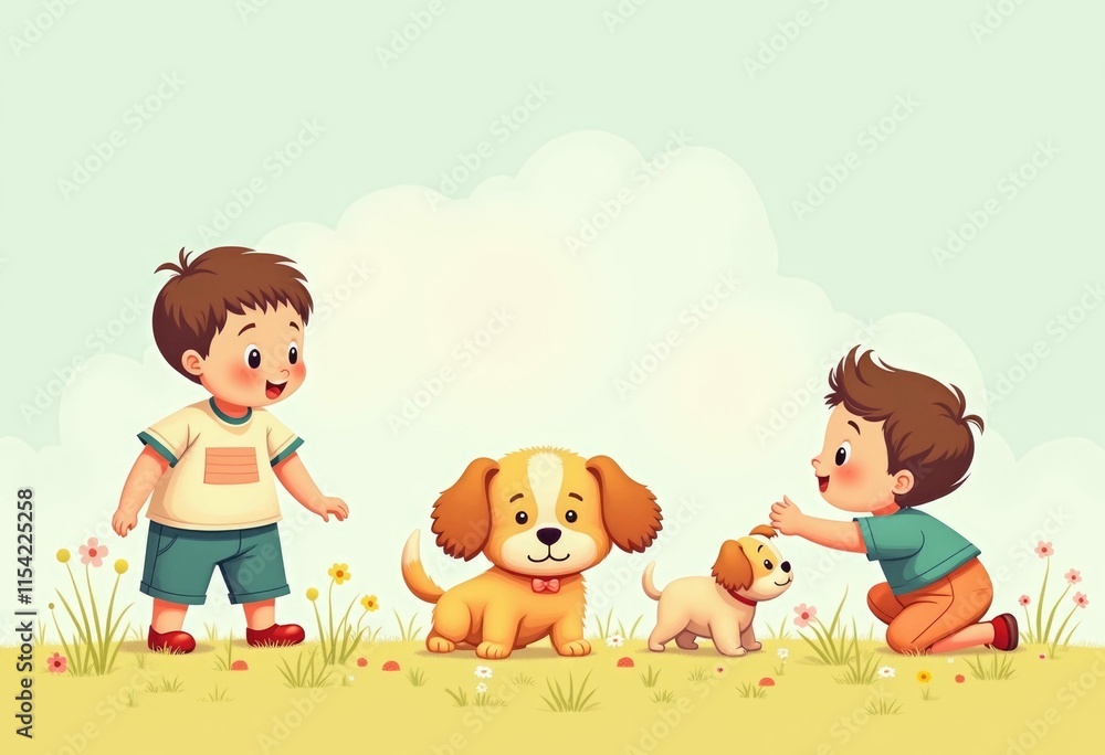 Two boys playing with their adorable puppies in a field Two boys playing with their adorable puppies in a field
