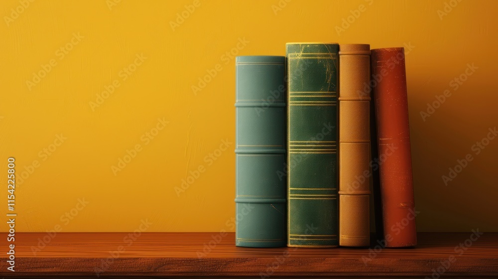 Four antique books on a wooden shelf against a yellow wall. Four antique books on a wooden shelf against a yellow wall.