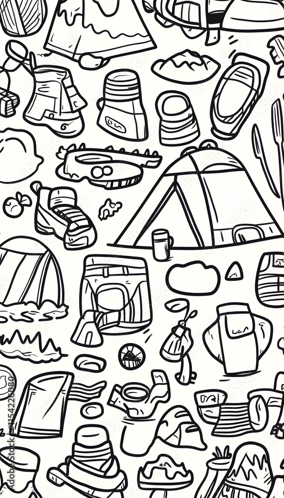 Camping Gear Doodle Pattern Seamless design featuring tents, boots, and outdoor equipment, perfect for fabric, wallpaper, or website backgrounds. Camping Gear Doodle Pattern Seamless design featuring tents, boots, and outdoor equipment, perfect for fabric, wallpaper, or website backgrounds.