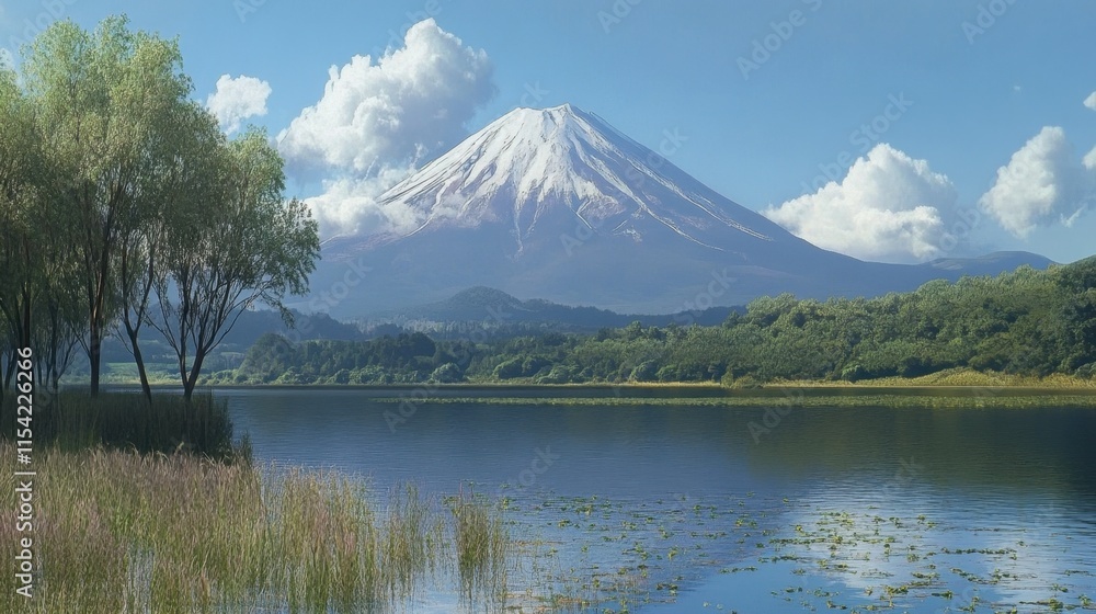 Snow-Capped Mountain Reflected in Calm Lake Under Blue Sky Snow-Capped Mountain Reflected in Calm Lake Under Blue Sky