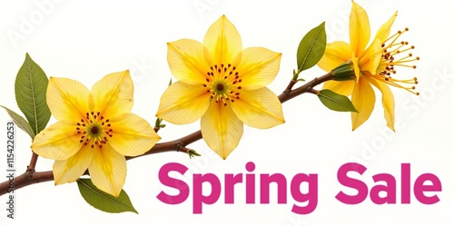 Yellow flowers on branch with spring sale text photo