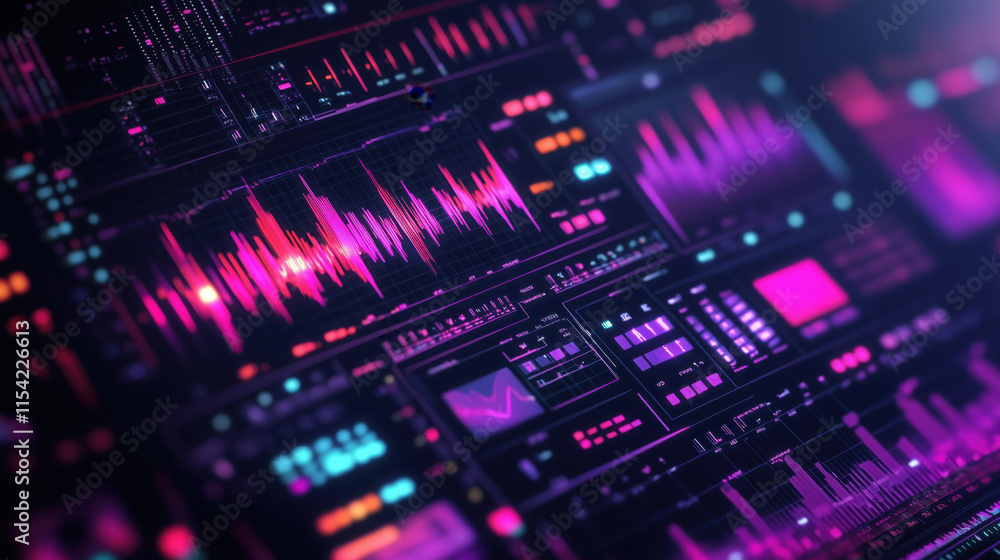 Dynamic Digital Design Featuring Vibrant Waveforms, Sound Spectrums, and Luminous Graphics, Ideal for Sound Engineering, Music Technology, and Multimedia Presentations Dynamic Digital Design Featuring Vibrant Waveforms, Sound Spectrums, and Luminous Graphics, Ideal for Sound Engineering, Music Technology, and Multimedia Presentations