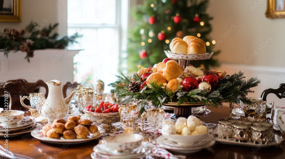Elegant Holiday Table Setting with Festive Decorations and Food Elegant Holiday Table Setting with Festive Decorations and Food