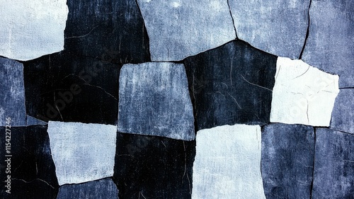 A textured surface featuring a patchwork of dark and light geometric shapes, creating a striking visual contrast.