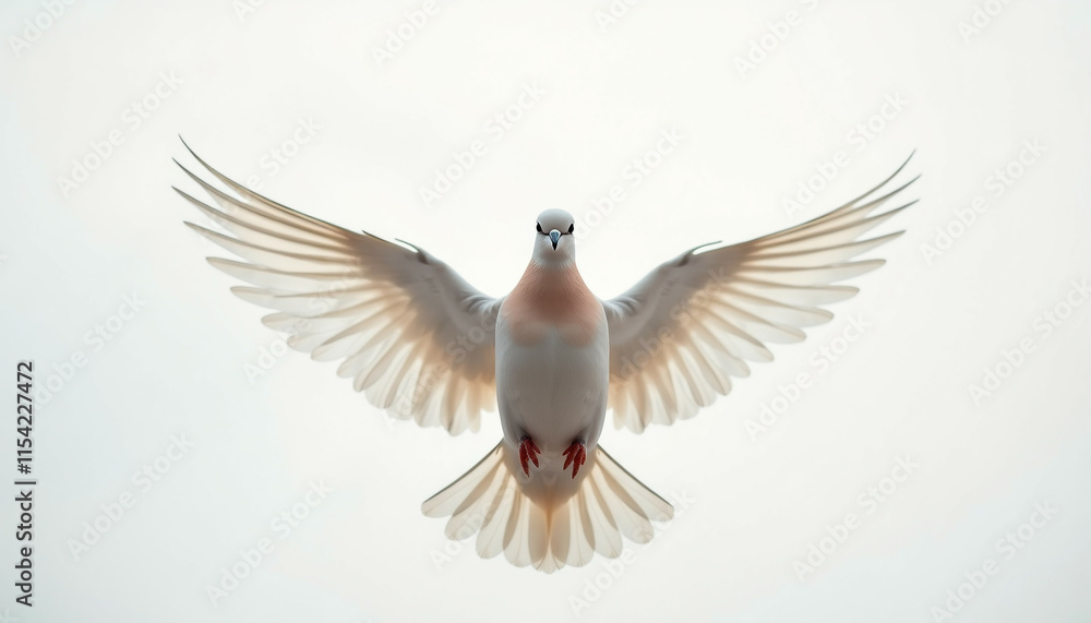 Obraz premium A white dove in flight wings spread wide against a bright background.