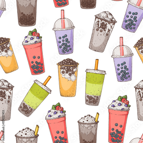 Bubble tea seamless pattern. Hand drawn vector illustration. Bubble tea design template.