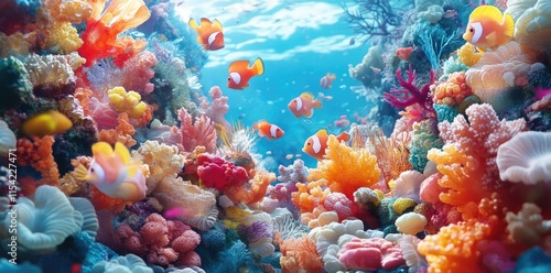 Vibrant Coral Reef With Colorful Fish Swimming photo