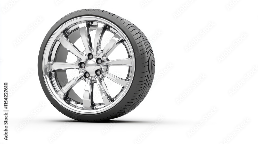 Modern Alloy Wheel with Chrome Finish on White Background Modern Alloy Wheel with Chrome Finish on White Background