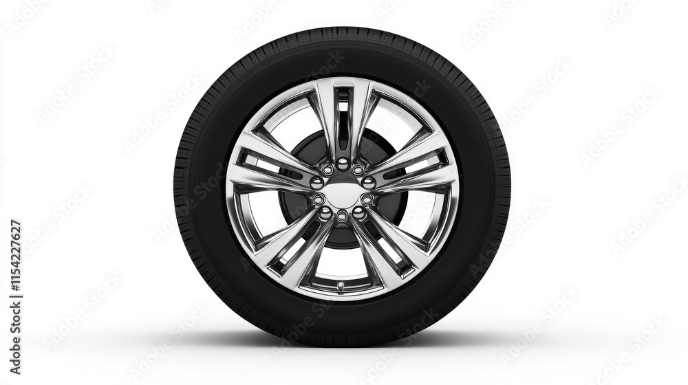 Polished Car Wheel with Chrome Rims on Isolated White Background Polished Car Wheel with Chrome Rims on Isolated White Background