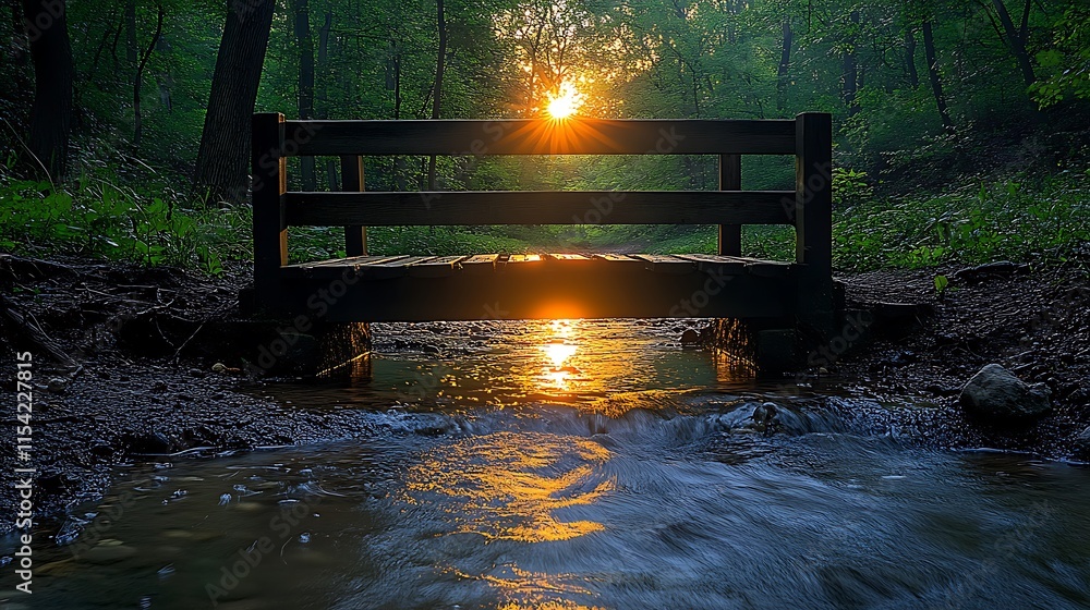 Sunset Glows Over Woodland Bridge and Stream Sunset Glows Over Woodland Bridge and Stream
