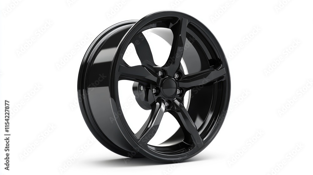 Obraz premium Sleek Black Alloy Wheel on White Background for Automotive Design