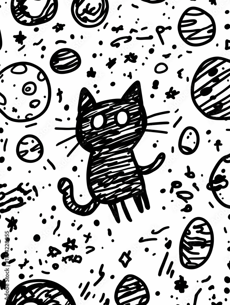 Cute cartoon cat in space, planets background, doodle style, kids print. Cute cartoon cat in space, planets background, doodle style, kids print.