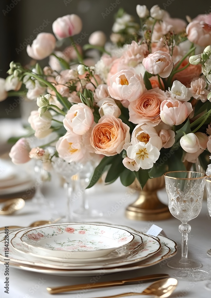 Easter Brunch Table Setting. A beautifully arranged Easter brunch table featuring a centerpiece of fresh tulips, elegant tableware, and a variety of traditional dishes Easter Brunch Table Setting. A beautifully arranged Easter brunch table featuring a centerpiece of fresh tulips, elegant tableware, and a variety of traditional dishes