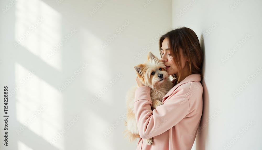 Woman in pink embraces her fluffy small dog sharing a tender moment against a white wall. Woman in pink embraces her fluffy small dog sharing a tender moment against a white wall.