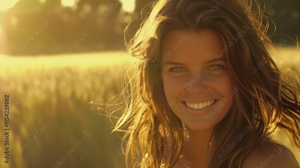 Happy woman smiling in a golden wheat field at sunset. Happy woman smiling in a golden wheat field at sunset.