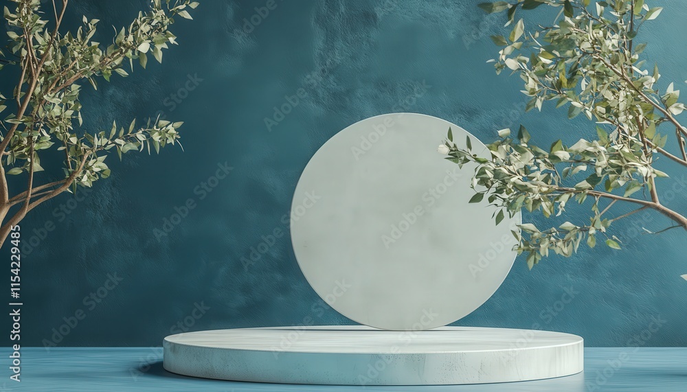Serene Minimalist Product Display Teal Background White Platform Greenery Serene Minimalist Product Display Teal Background White Platform Greenery
