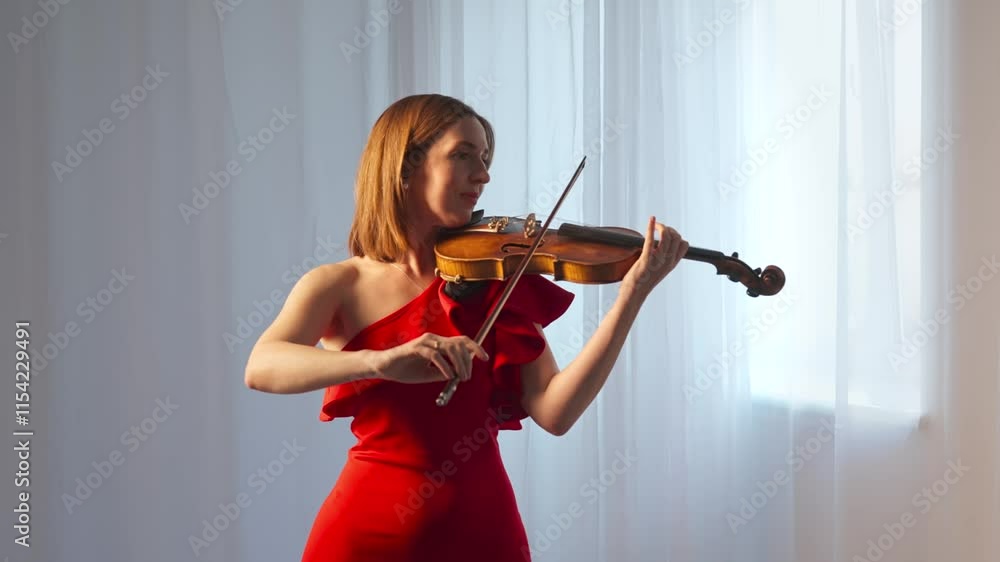 Violinist standing and playing on the classical violin on concert stage against white soft fabric, isolated on studio background. Artist in concert hall. Slow motion. Violinist standing and playing on the classical violin on concert stage against white soft fabric, isolated on studio background. Artist in concert hall. Slow motion.