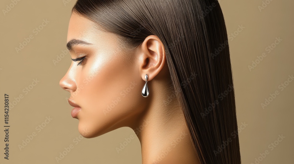 Fototapeta premium Elegant woman showcasing silver teardrop earrings with sleek hairstyle
