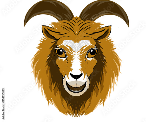 Illustration design of a shaggy and long goat head in gold color with curved horns