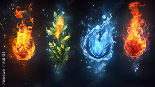 Visual representation of elemental powers including fire, water, earth, and air in a dark background