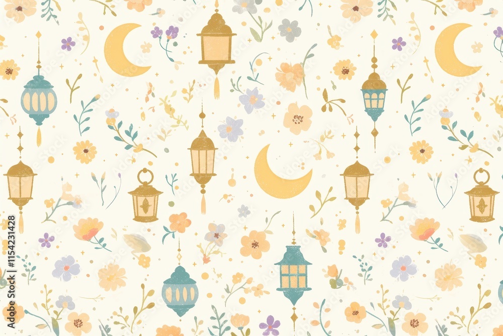 A floral pattern featuring lanterns and crescent moons on a light background. A floral pattern featuring lanterns and crescent moons on a light background.