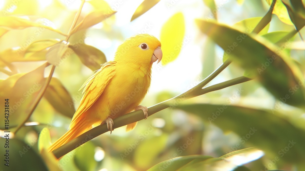 Bright Yellow Bird Perched on Branch Surrounded by Green Foliage Bright Yellow Bird Perched on Branch Surrounded by Green Foliage