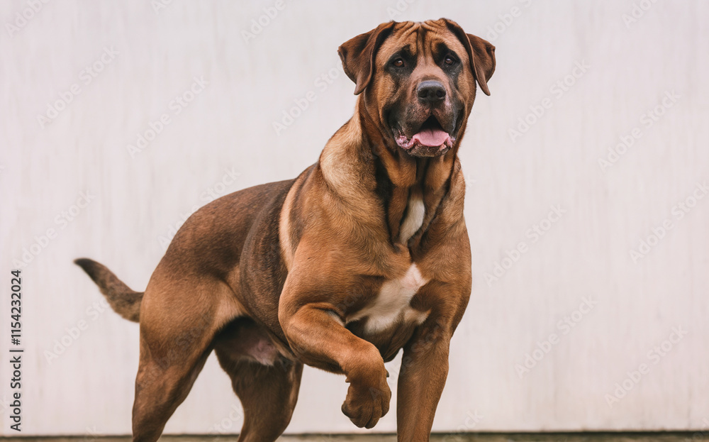 A large, muscular dog with a rich brown coat. The dog appears to be in mid-motion, possibly running or walking, with one paw raised. A large, muscular dog with a rich brown coat. The dog appears to be in mid-motion, possibly running or walking, with one paw raised.