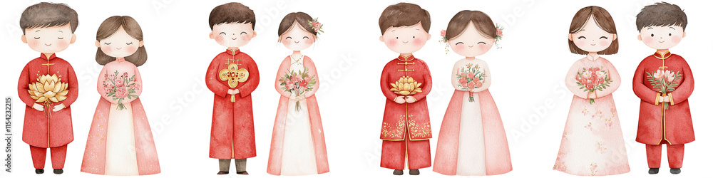 Chinese New Year luck and gold watercolor, A group of cartoon characters dressed in traditional attire, featuring both boys and girls holding flowers and decorative items. Chinese New Year luck and gold watercolor, A group of cartoon characters dressed in traditional attire, featuring both boys and girls holding flowers and decorative items.