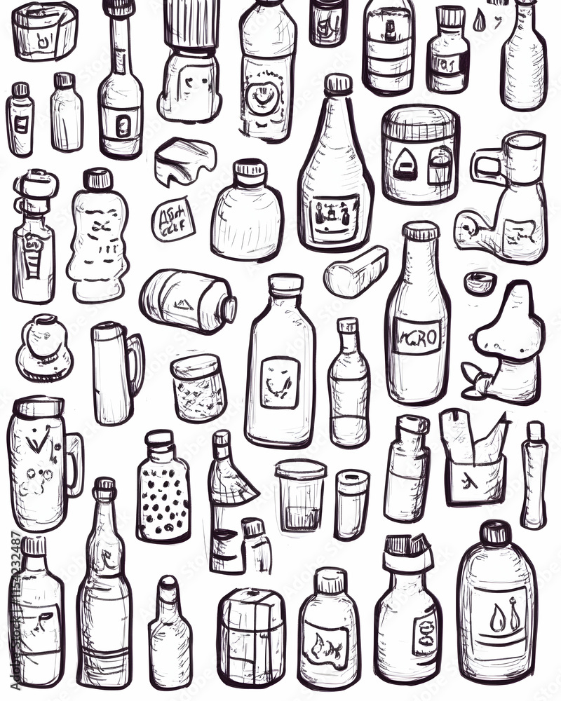 Doodle Recycling Bottles, Jars, Containers Background, Eco-Friendly Design. Doodle Recycling Bottles, Jars, Containers Background, Eco-Friendly Design.