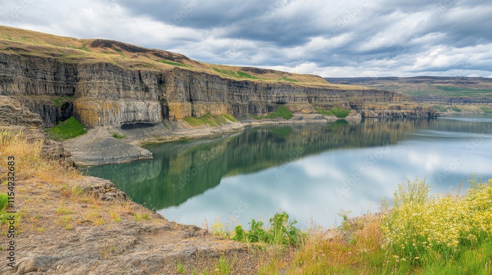 Fototapeta premium Stunning Landscape of Calm River Reflecting Rocky Cliff Under Clouds