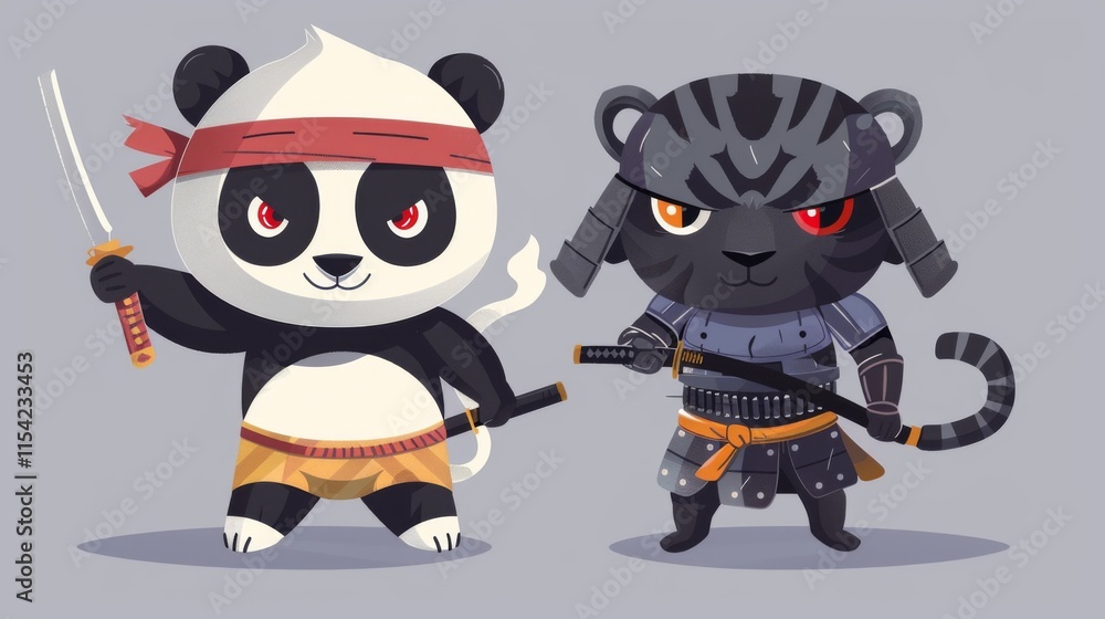 Obraz premium illustraction of techwear chibi panda ninjas robot mecha future JAPANESE VIBE detailed design for streetwaer and urban style t-shirts design