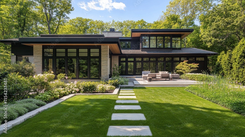 Naklejka premium Modern House With Large Windows Surrounded By Lush Green Landscape