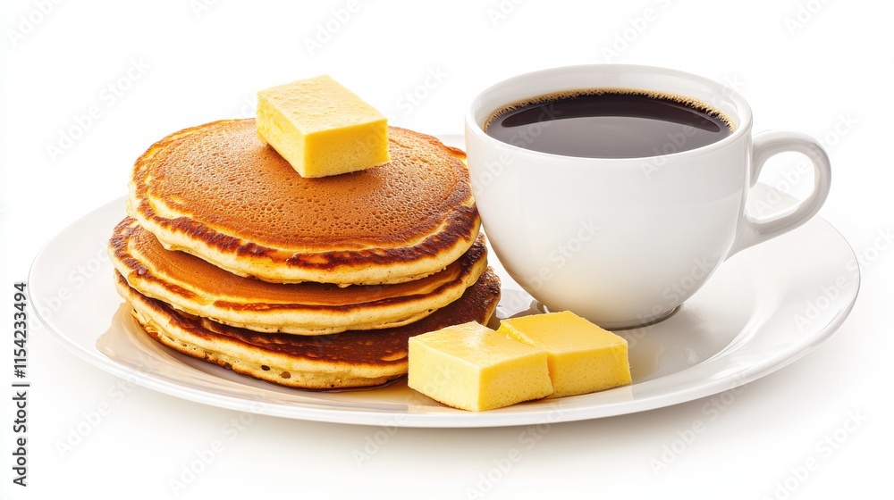 Happy Sunday morning concept. Delicious pancakes served with butter and coffee on a plate.