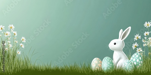 In a whimsical Easter scene, a curious white rabbit hops among colorful eggs and blooming flowers, set against a vibrant green backdrop that captures the joyful spirit of the holiday photo