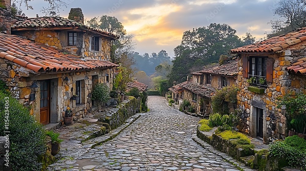 Obraz premium Stone Village Street Cobblestone Houses Sunset