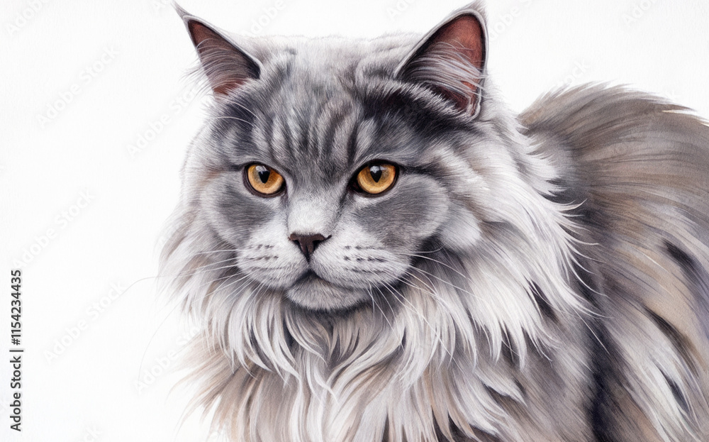 A detailed and realistic portrait of a cat. The cat has a majestic appearance with long, flowing gray fur and striking amber eyes. A detailed and realistic portrait of a cat. The cat has a majestic appearance with long, flowing gray fur and striking amber eyes.