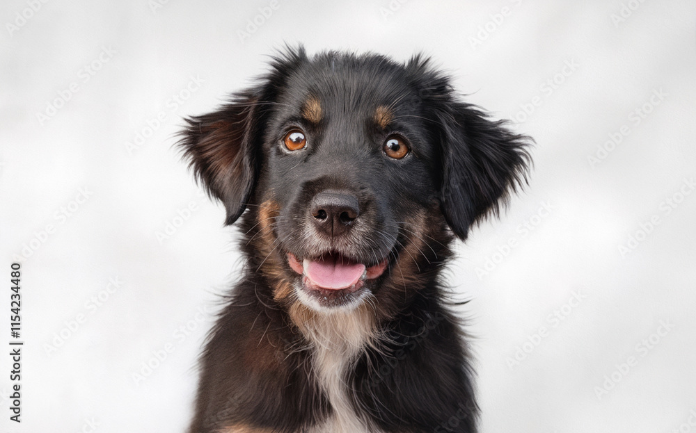 A young dog with a black coat, white chest, and brown patches around its eyes and ears. The dog has a bright, inquisitive expression with its mouth slightly open, revealing a pink tongue. A young dog with a black coat, white chest, and brown patches around its eyes and ears. The dog has a bright, inquisitive expression with its mouth slightly open, revealing a pink tongue.