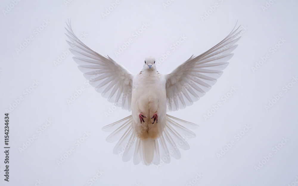 Obraz premium white bird, possibly a dove, in mid-flight. The bird's wings are spread wide, displaying a delicate balance of feathers. 
