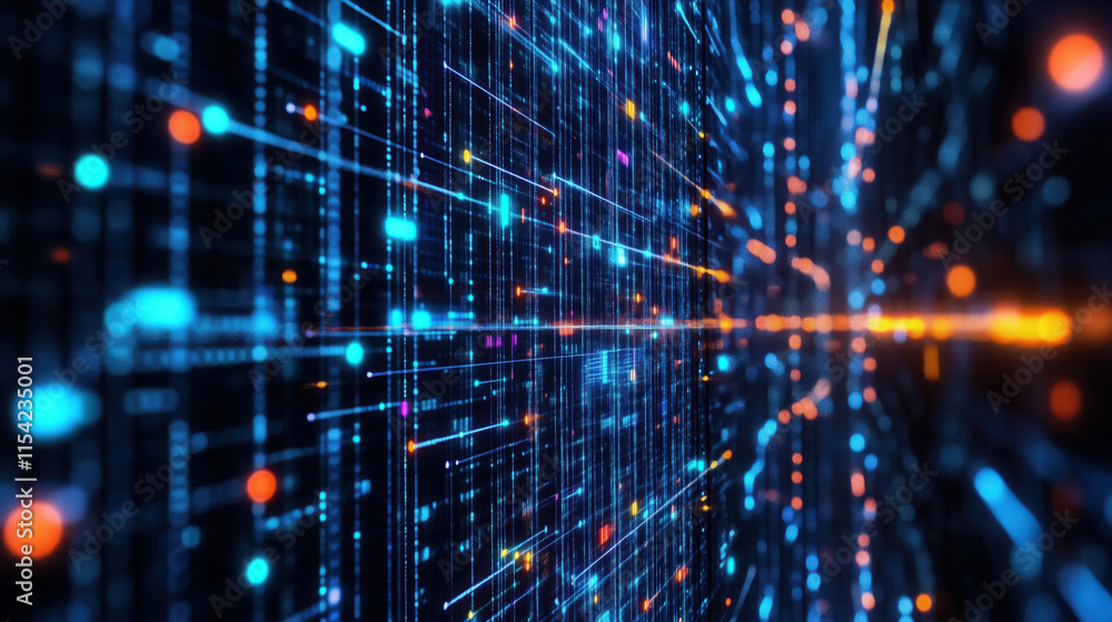 Fototapeta premium Futuristic Digital Background Featuring Glowing Data Streams, Circuit Patterns, and Vibrant Gradients, Perfect for Illustrating Neural Networks, AI Development, Data Encryption